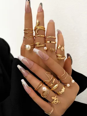 23pcs Stylish Faux Pearl Rings Set, Y2k Multi-Element Geometric Ring Set- FD ⚡