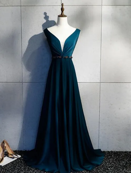 Beautiful Long V Back Evening Gown, Charming Green Party Dress