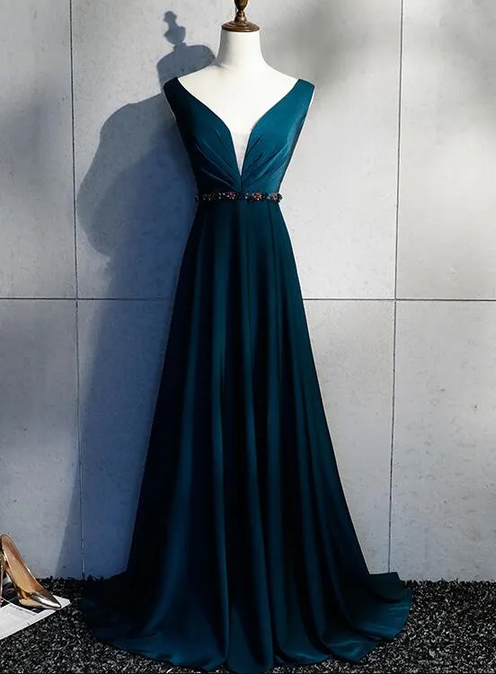 Beautiful Long V Back Evening Gown, Charming Green Party Dress