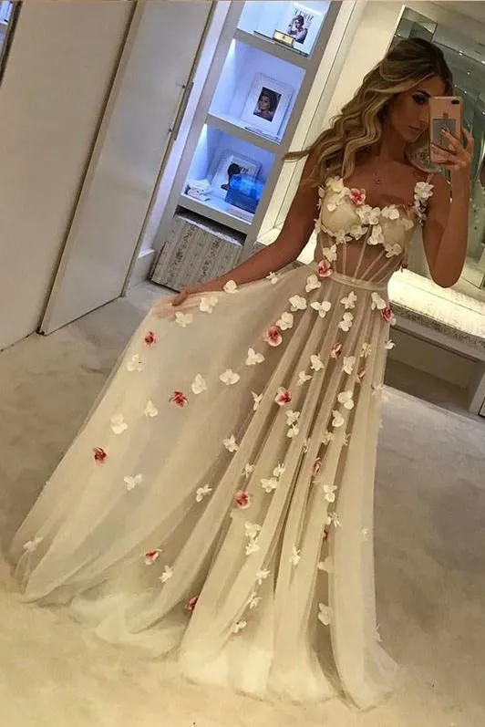 Beautiful Sexy A-line Floor-length Hand-Made Flower Long Prom Dress/Evening Dress OHC188