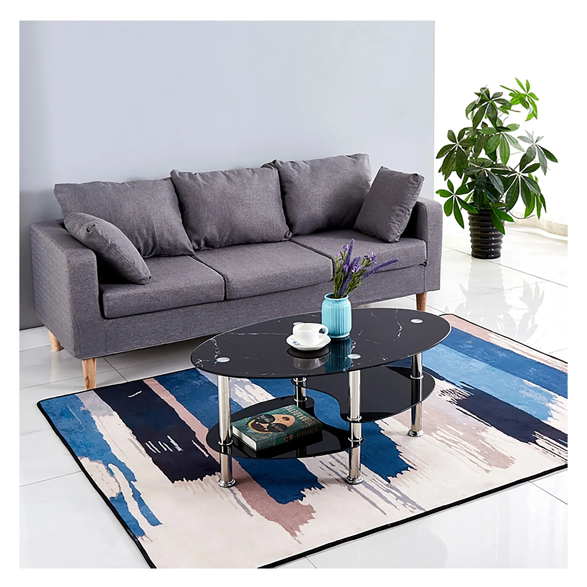 Bebelelo Marble Glass Coffee Table with Chrome Legs for Black