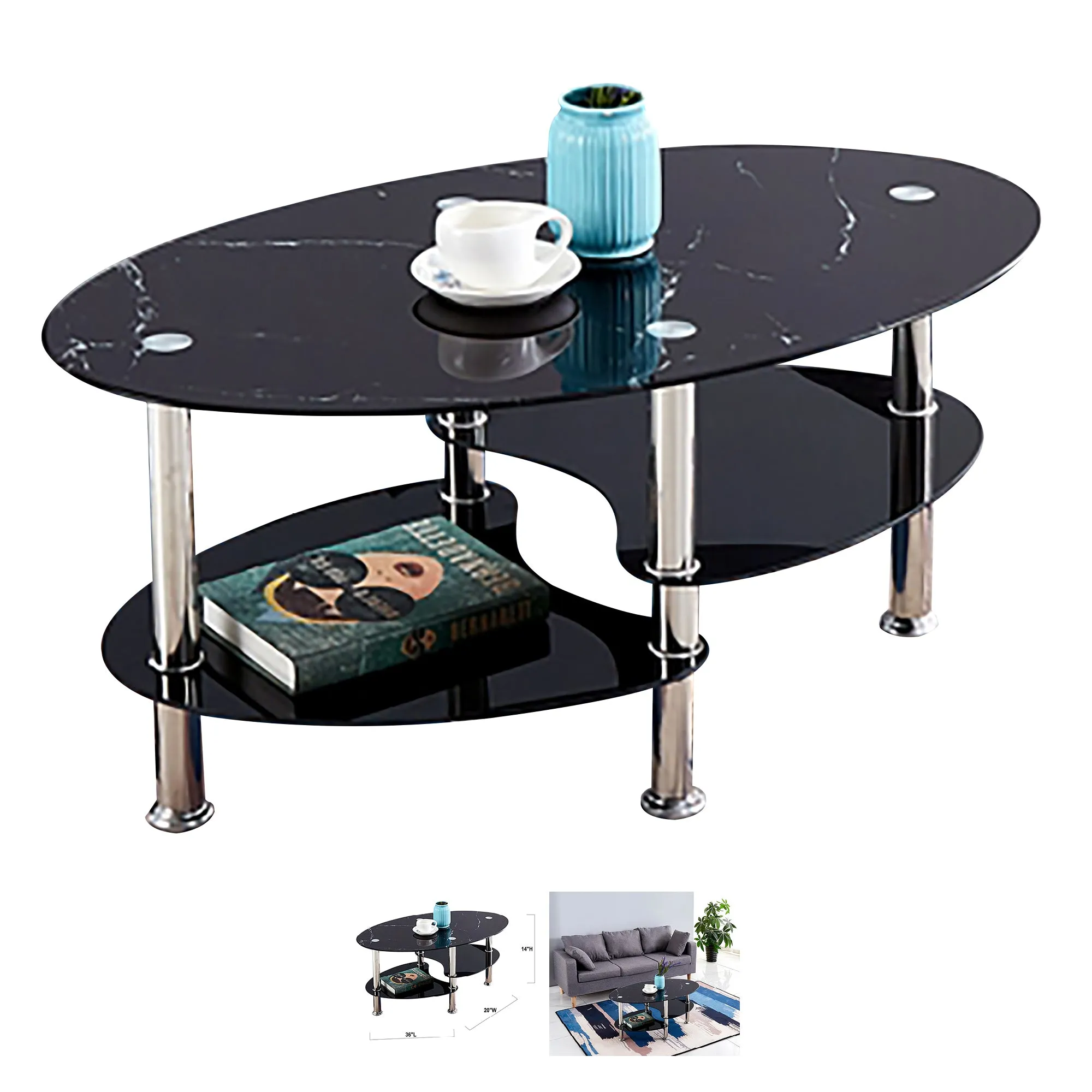 Bebelelo Marble Glass Coffee Table with Chrome Legs for Black