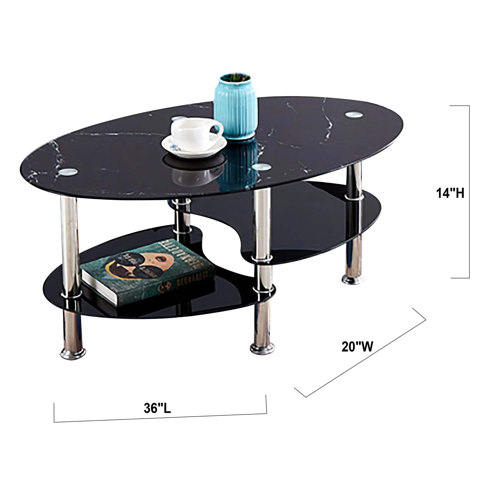 Bebelelo Marble Glass Coffee Table with Chrome Legs for Black