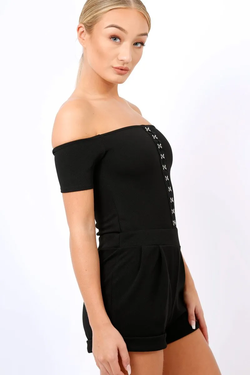 Black Hook And Eye Off Shoulder Playsuit - Caitlyn
