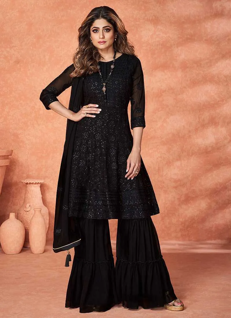 Black Stylish Embroidered Gharara Suit