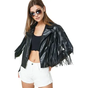 Blue B. Black Fringe Vegan Moto Leather Jacket 31120J