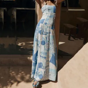 Bow Design Back Cutout Printed Long Dress
