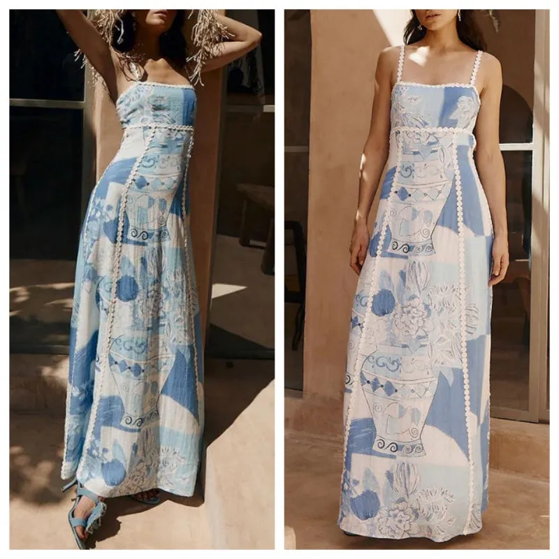 Bow Design Back Cutout Printed Long Dress