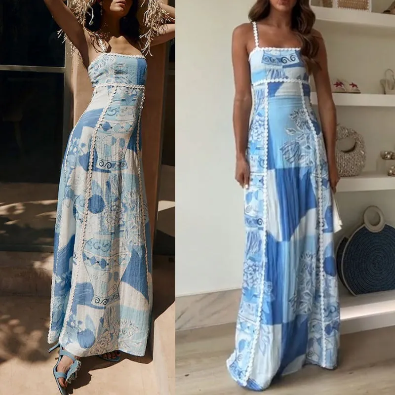 Bow Design Back Cutout Printed Long Dress