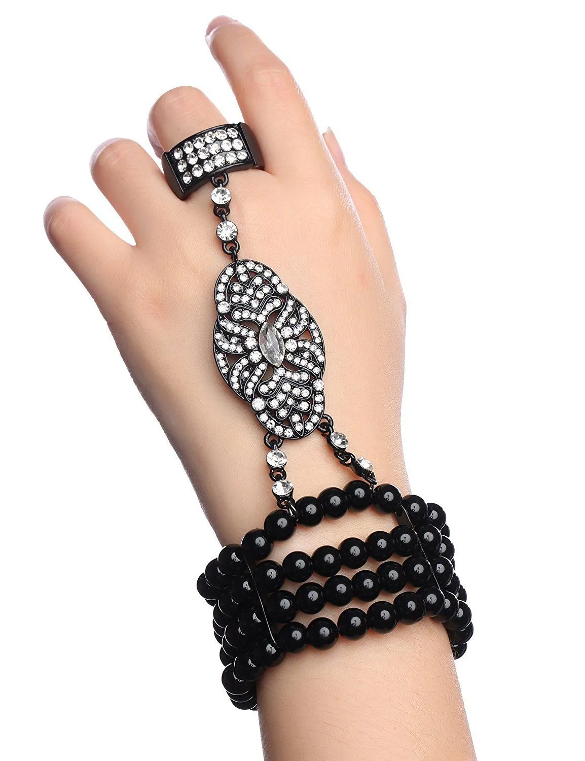 Bracelet Ring Set Hand Chain 1920's Accessories Black|JaosWish