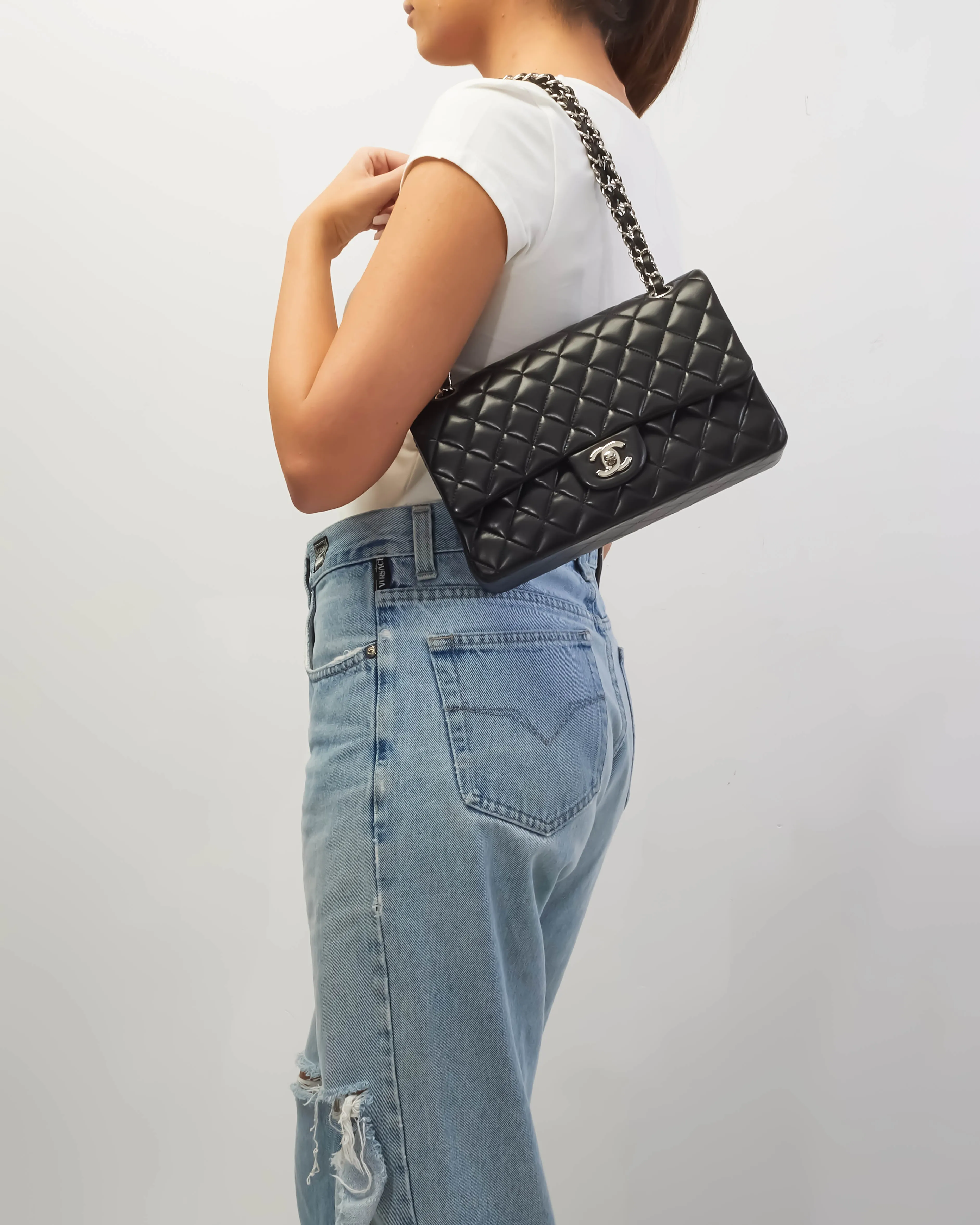 Chanel Black Lambskin Leather Medium Classic Double Flap Bag SHW
