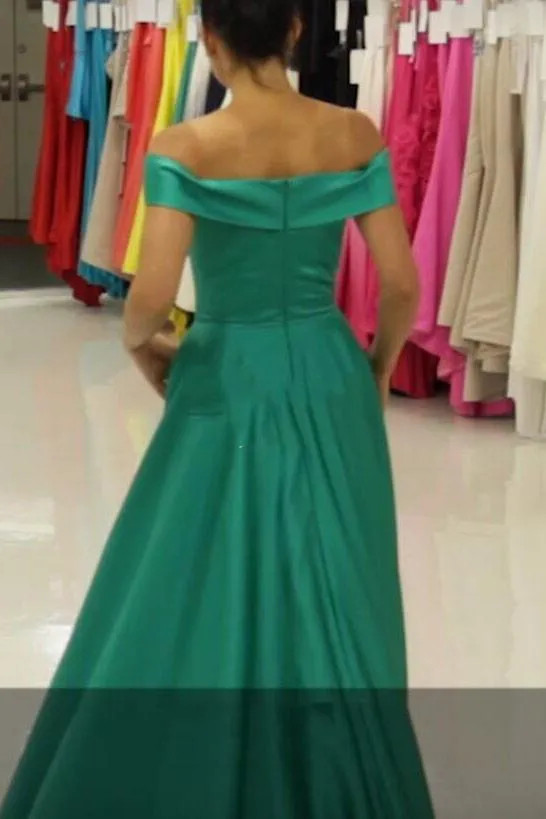 Cheap A Line Off The Shoulder Sweep Train Sleeveless Long Elastic Satin Prom Dress OHC269
