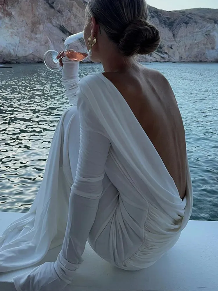 Chic Backless White Long-Sleeved Slim Fit Maxi Dress for Women - Elegant Pleated Evening Gown