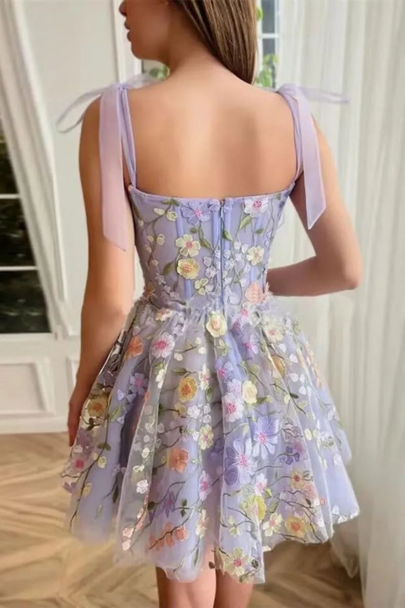 Chouyatou Summer Floral Tie Strap Tulle Prom Dresses for Women 2024 Fairy Embroidery Lace Applique Party Mini Princess Dress