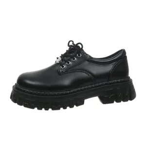 Classic Black Platform Oxford Boots / PU Leather Shoes with Square Heels and Round Toe