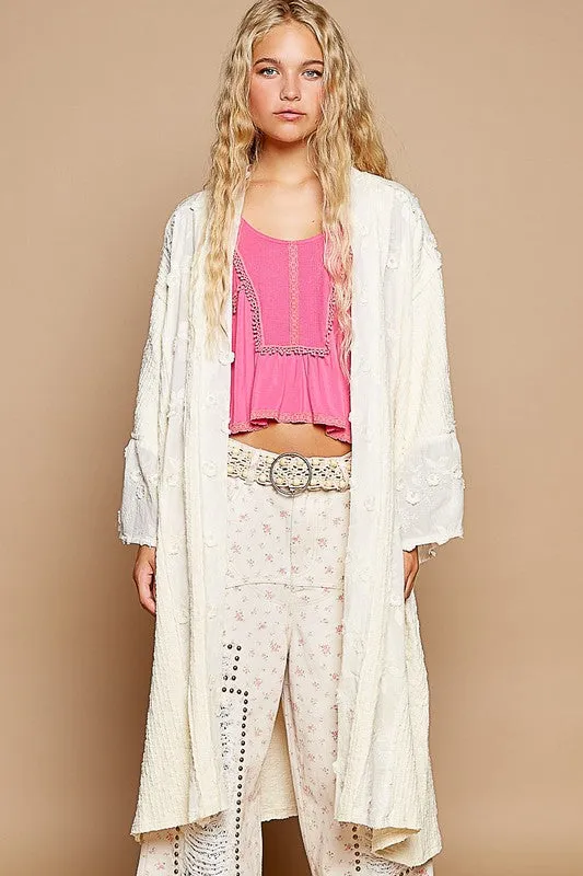Cream Color Flower Lace Trim Open Front Longline Cardigan