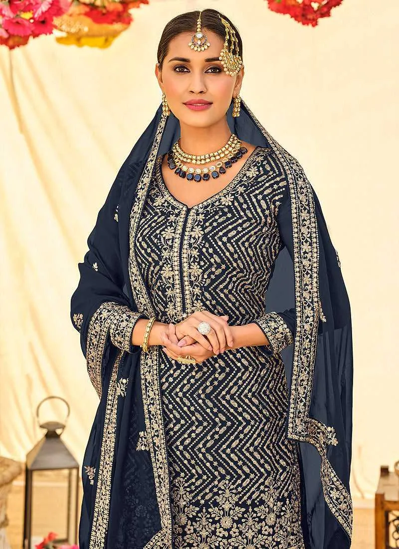 Dark Blue Embroidered Stylish Palazzo Style Suit