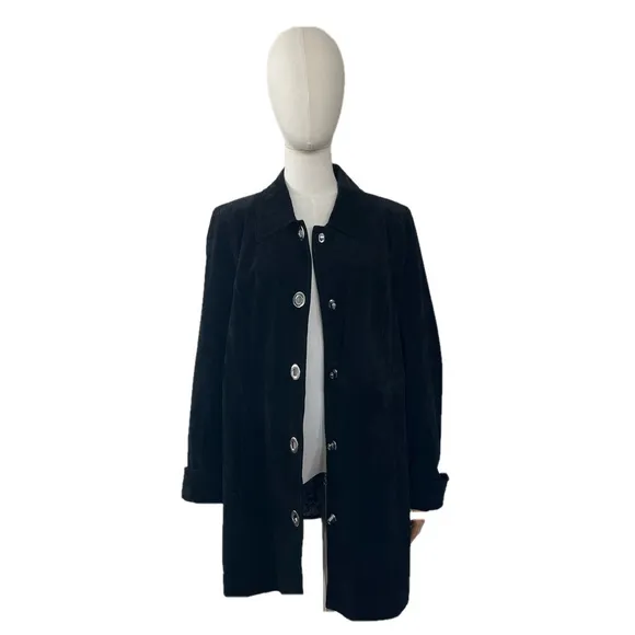 DENNIS BASSO 100% Suede Leather Coat Turnkey Clasp Mid Length Black Size L
