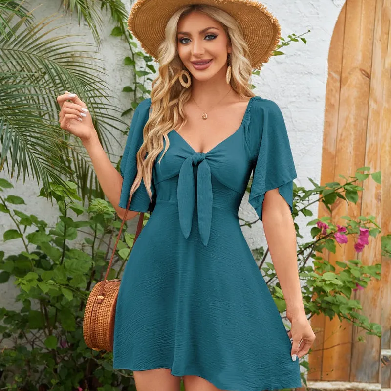 Elegant Deep V Neck Bow-Tie Mini Dress