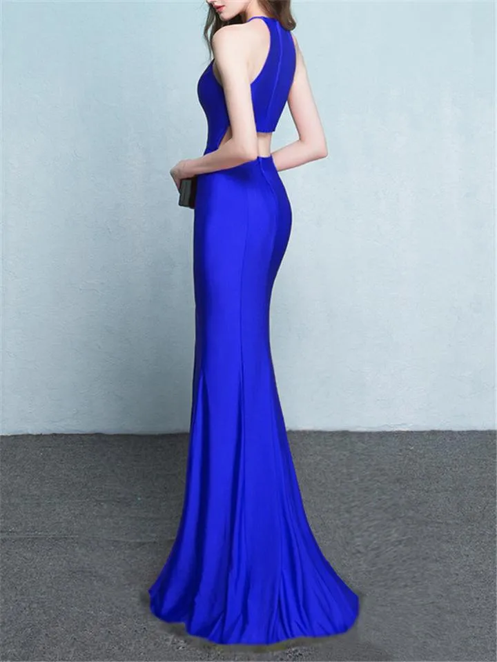 Elegant Halter Neck Trumpet Thigh High Slit Dress for Evening Party
