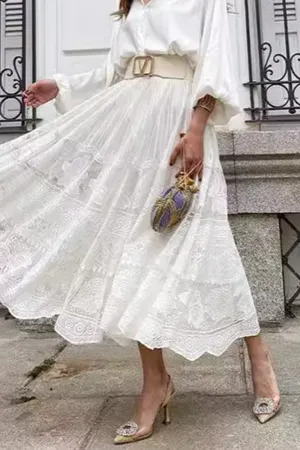 Elegant Solid Lace Mesh Loose High Waist Type A Solid Color Bottoms
