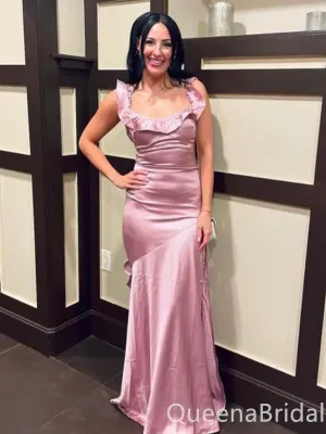 Elegant Unique Pink Sheath Square Neck Evening Gown Maxi Long Formal Dresses Prom Dresses,WGP940