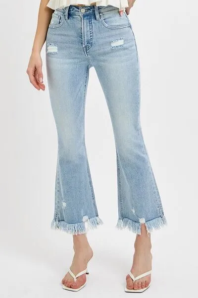 Evelyn Raw Hem Distressed Cropped Flare Jeans