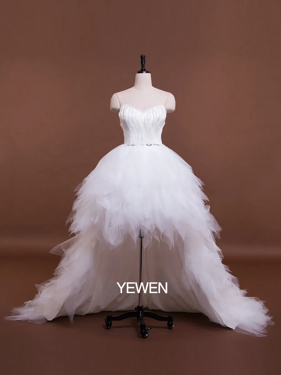 Feather Evening Dress Strapless Elegant High Low Maternity Dress for Photo Shoot
