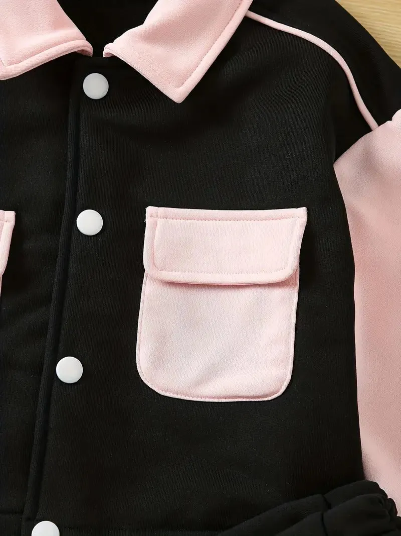 Girl's Stylish Button Jacket Pink Pant Set