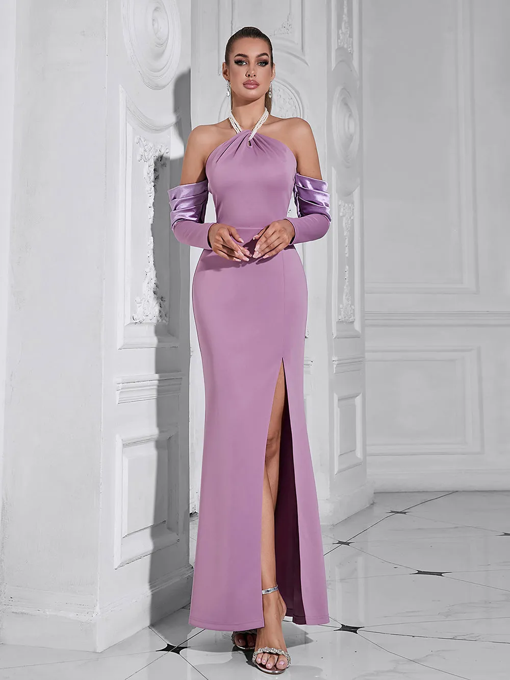Halter Long Sleeve Sheathy Maxi Bodycon Dress HB101391