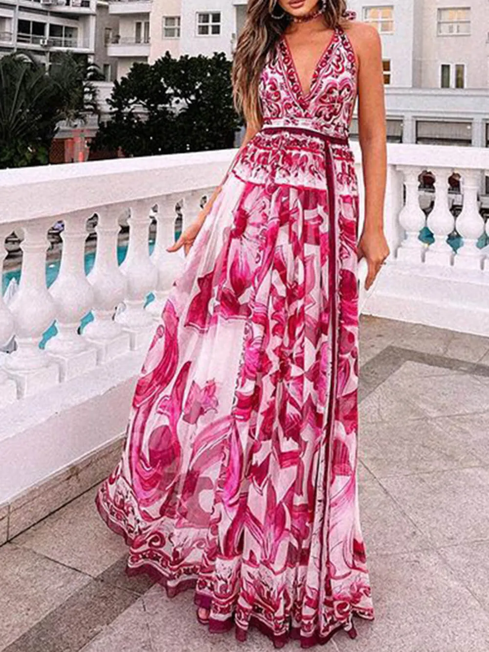 Halter Neck Backless Charming Printed Maxi Dress