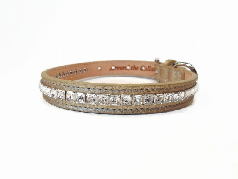 HOPEE Leather Dog Collar with Single Row of Square Crystals Close Together