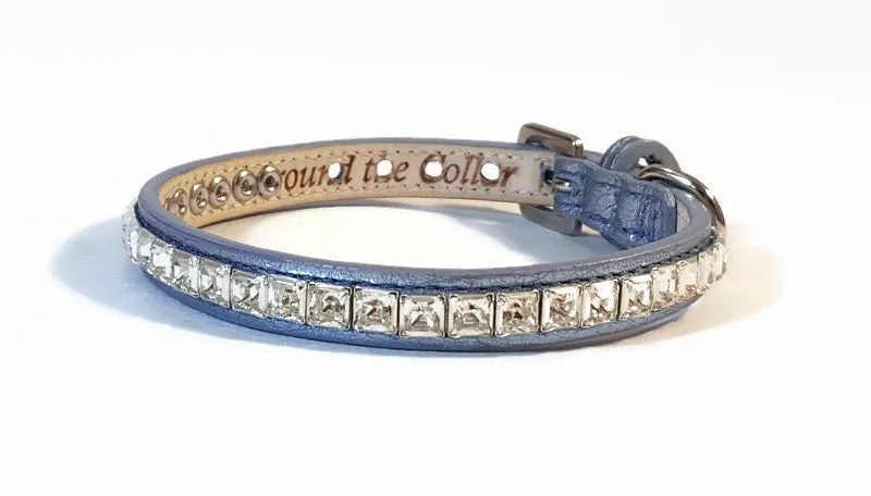 HOPEE Leather Dog Collar with Single Row of Square Crystals Close Together