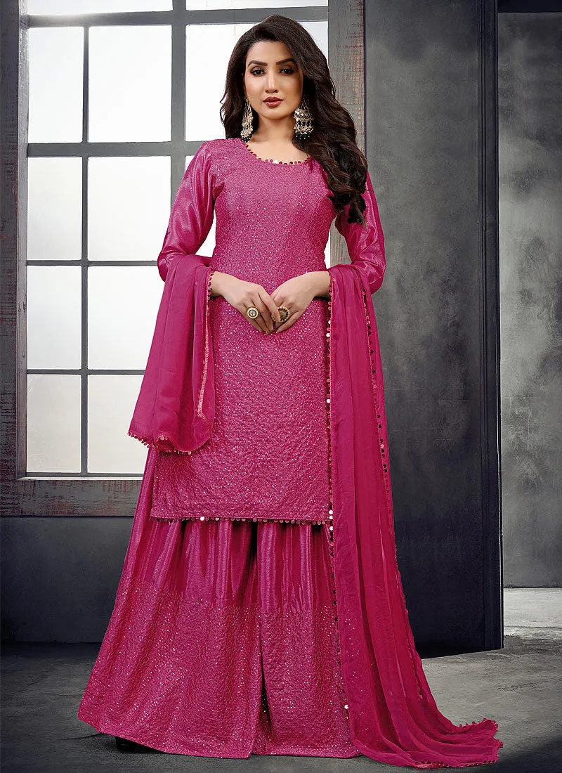 Hot Pink Zari And Sequence Embroidered Palazzo Suit