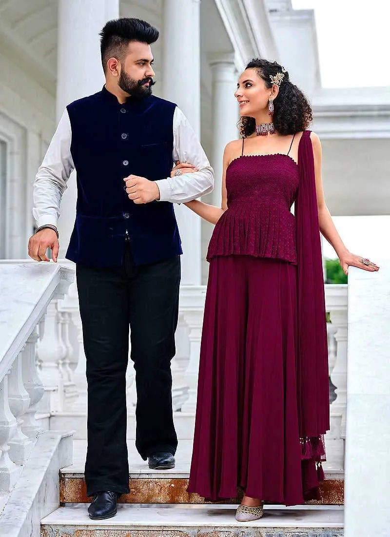 Magenta Embroidered Stylish Sharara Style Suit