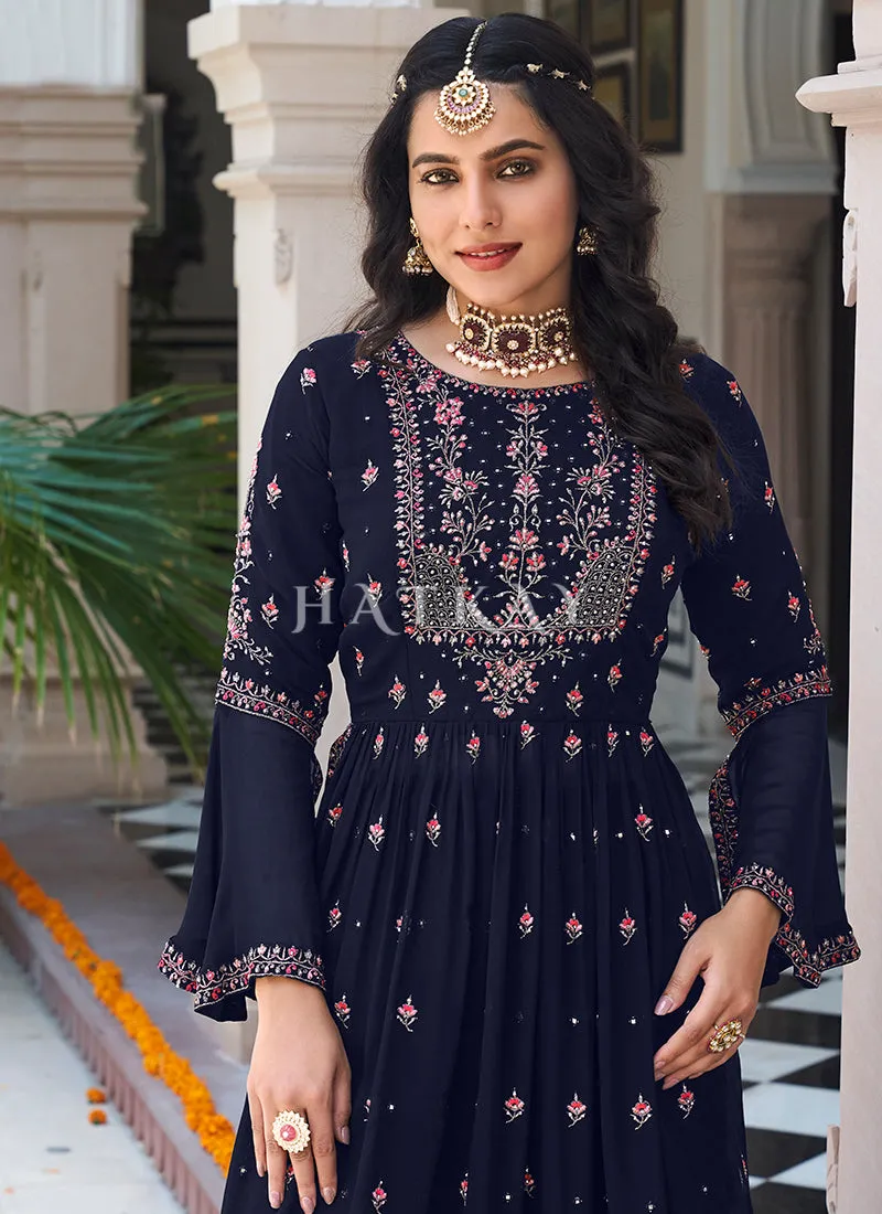 Navy Blue Multi Embroidered Traditional Gharara Suit