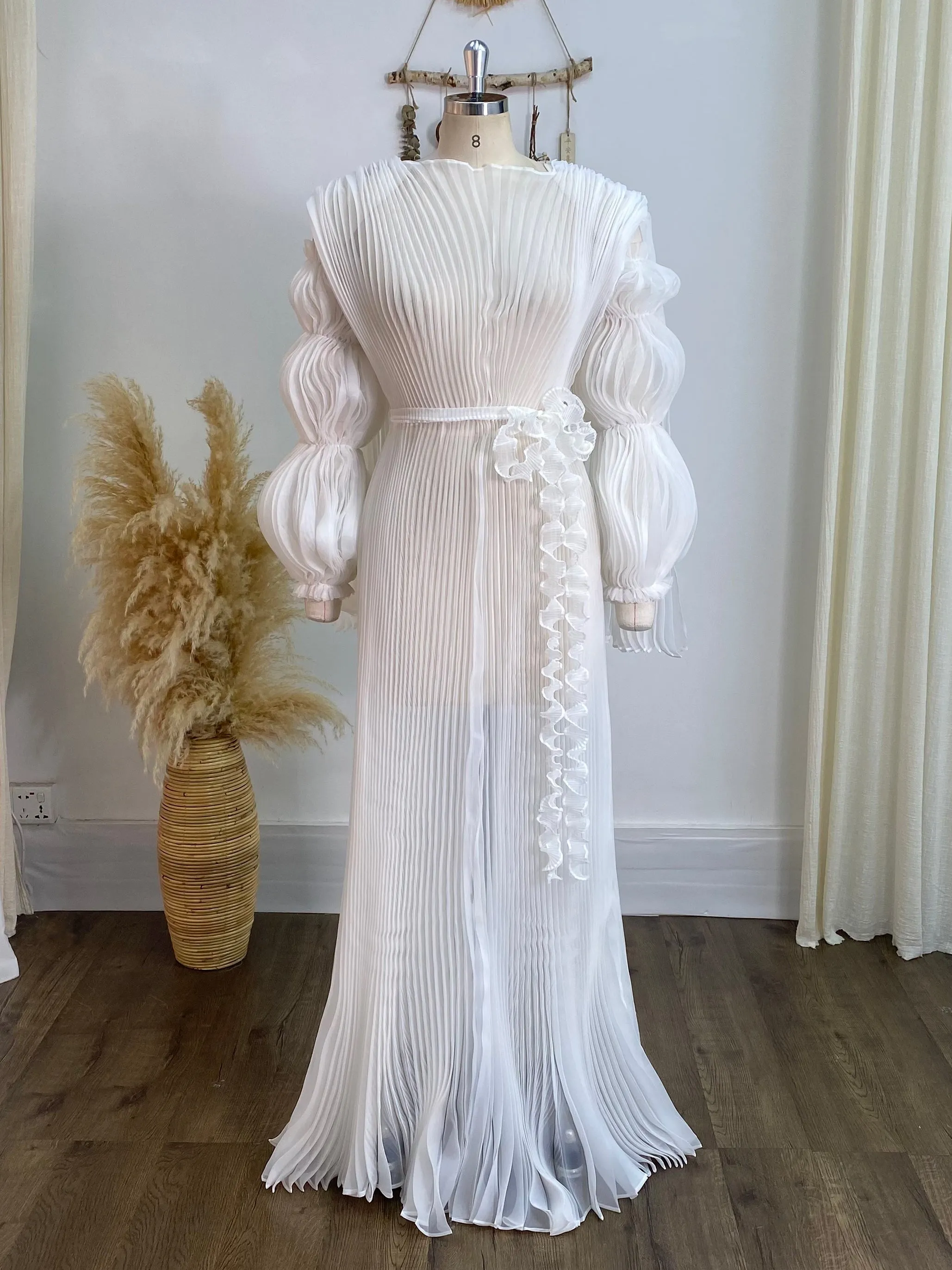 Off-Shoulder Maternity Gown Stylish Pleated Sleeves Maternity Custom Dress with Swepp Train YW240050