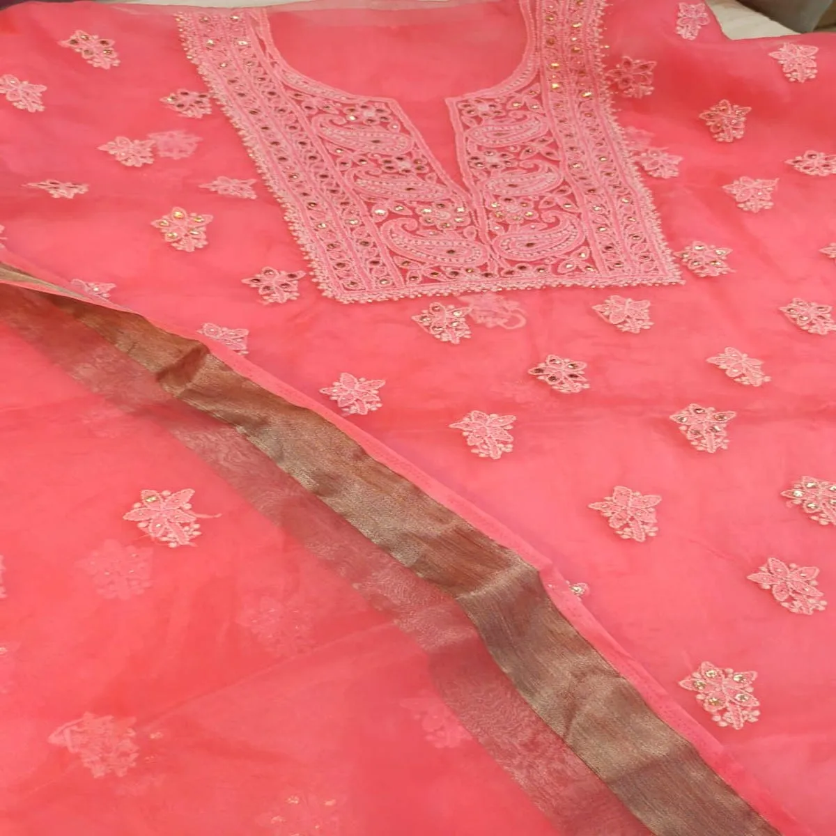 Organza Lucknowi Chinkari Salwar Suit Peach Orange