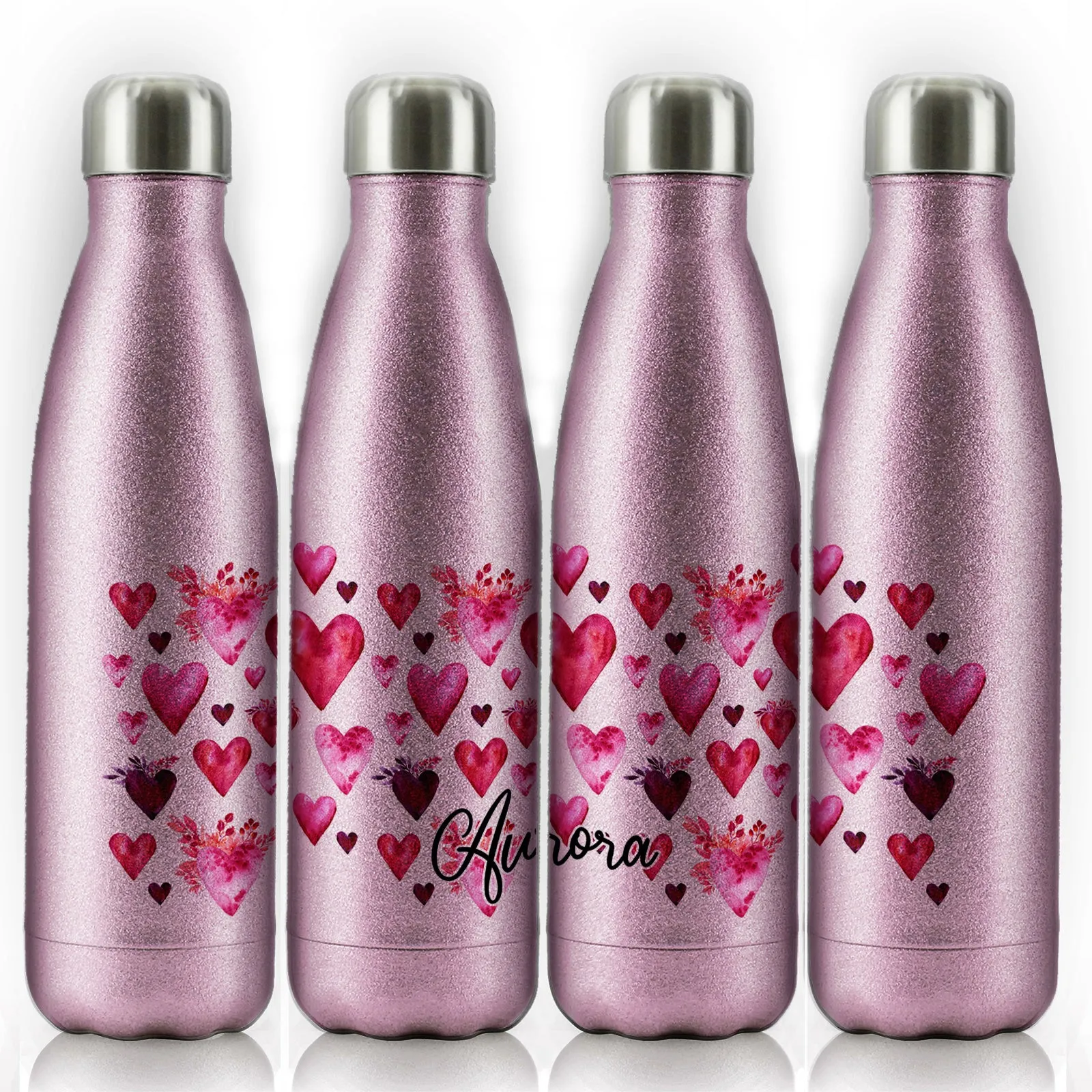 Personalised Cola Bottle with Stylish Text and Valentine Hearts Print