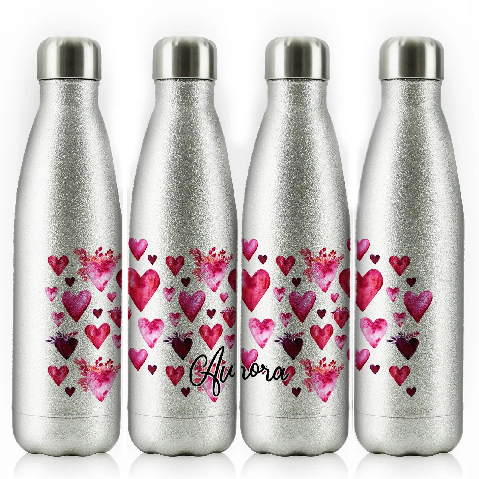 Personalised Cola Bottle with Stylish Text and Valentine Hearts Print