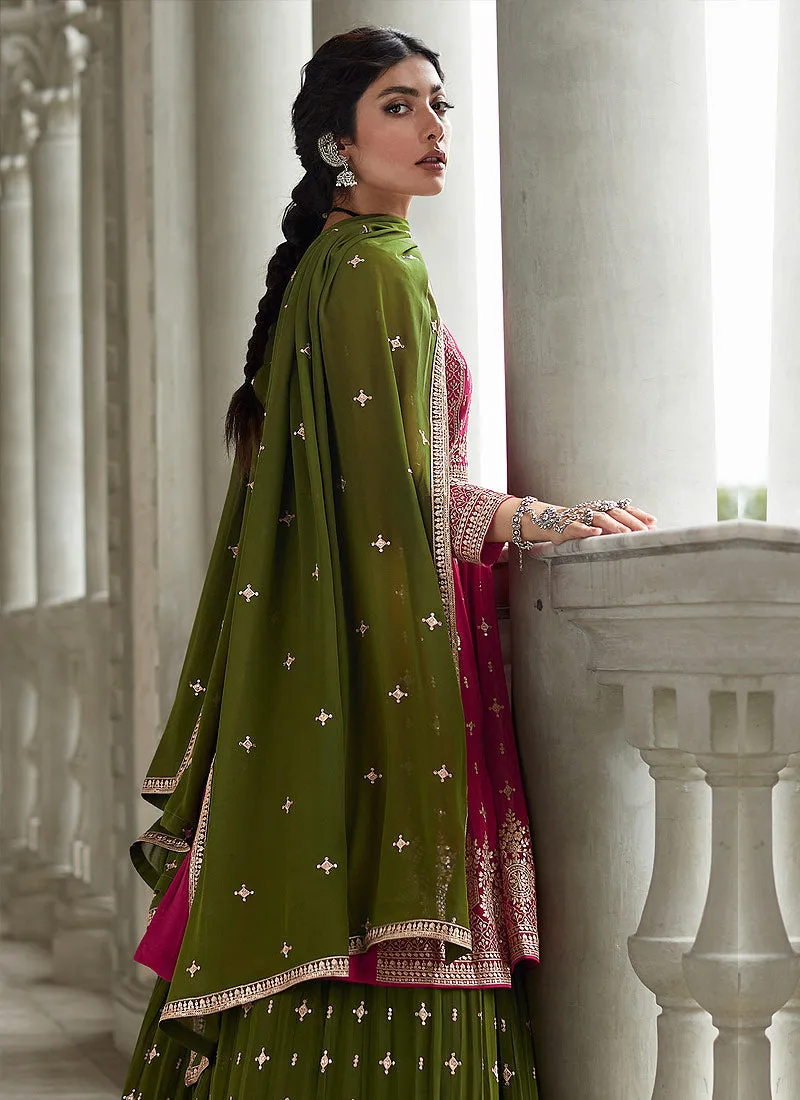 Pink and Green Heavy Embroidered Stylish Lehenga