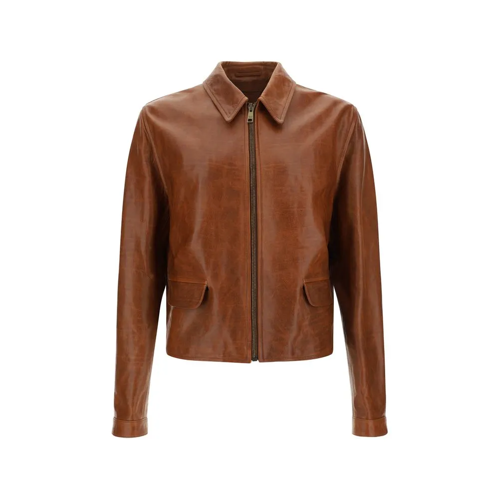 PRADA Men Brown Jacket 100% Leather Full Zip Two Pockets Casual Bomber Sz IT 46