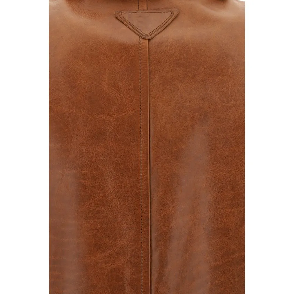 PRADA Men Brown Jacket 100% Leather Full Zip Two Pockets Casual Bomber Sz IT 46