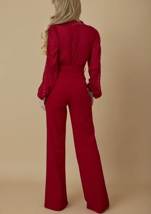 ROSAURA EMERALD GREEN CROCHET LACE JUMPSUIT – ELEGANT LONG-SLEEVE WIDE-LEG ONE-PIECE