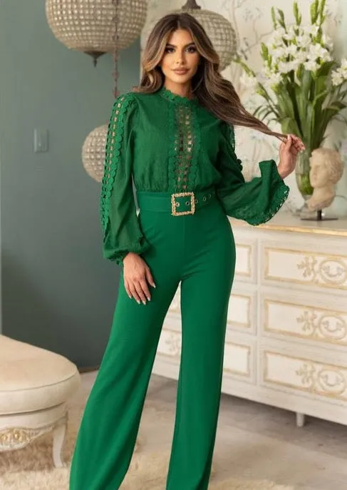 ROSAURA EMERALD GREEN CROCHET LACE JUMPSUIT – ELEGANT LONG-SLEEVE WIDE-LEG ONE-PIECE