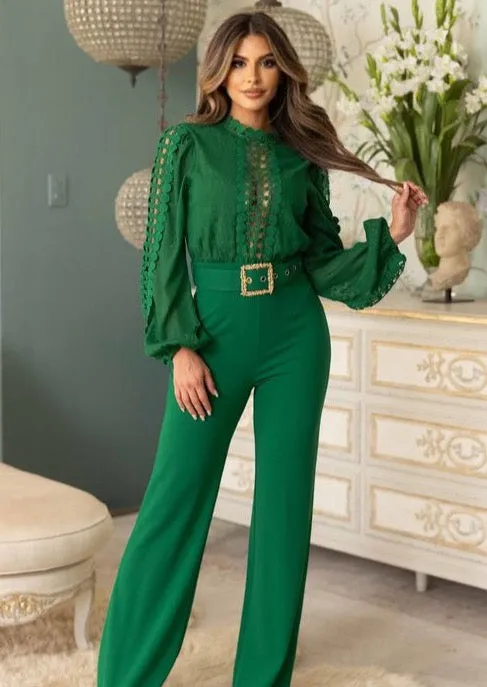 ROSAURA EMERALD GREEN CROCHET LACE JUMPSUIT – ELEGANT LONG-SLEEVE WIDE-LEG ONE-PIECE