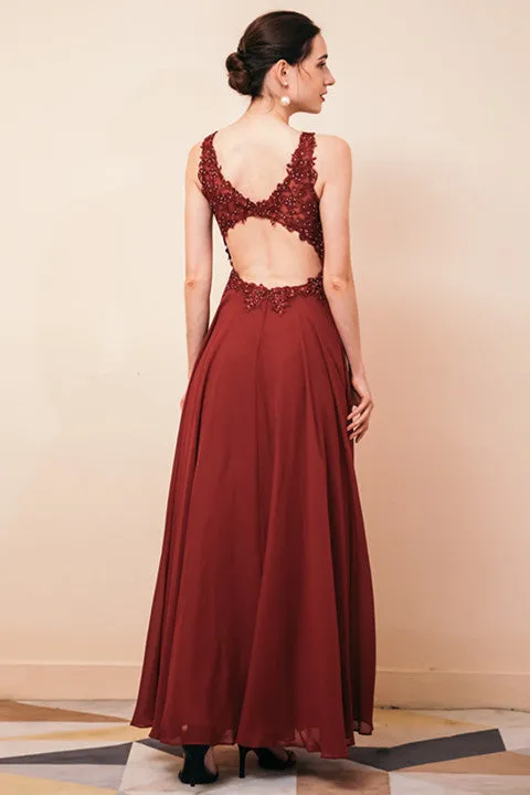 Rust A-line Chiffon V-neck Open-back Evening Dress
