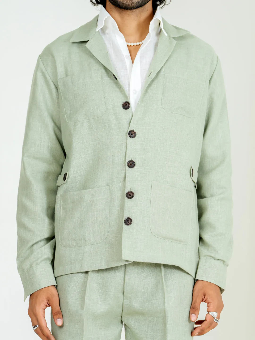 Sage green 4 Pocket Linen blend shacket
