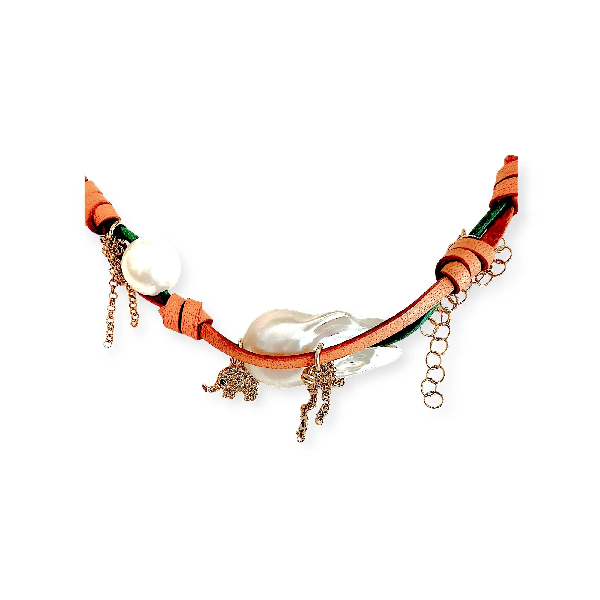 SECRET GARDEN BAROQUE PEARL GOLD ELEPHANT AND CHAIN ROCKER NECKLACE