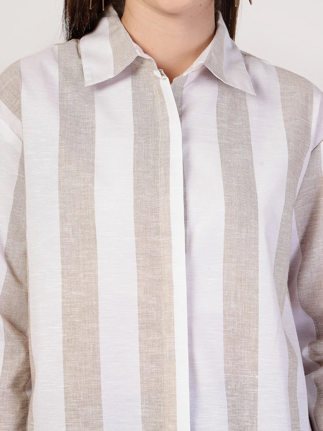 Style Quotient Women Beige And White Stripe Polycotton Oversize Smart Casual Shirt